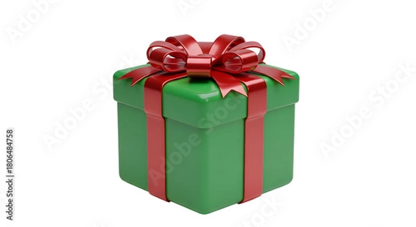 Fototapeta 3d icon of green gift box with red ribbon and bow isolated on transparent background, perfect for christmas