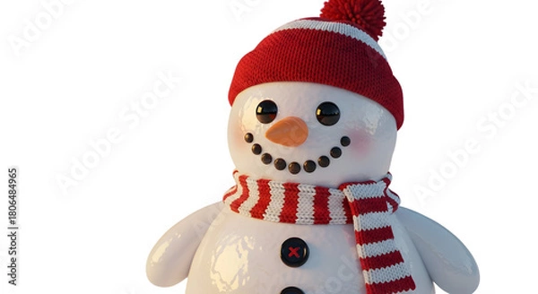 Obraz 3d icon of cheerful snowman with a red and white striped hat and scarf isolated on transparent background