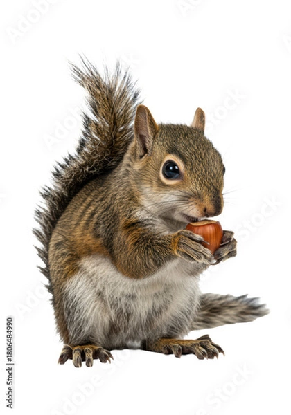 Fototapeta Highly detailed profile of a juvenile american grey squirrel actively nibbling a cracked hazelnut, ultra-photorealistic macro studio shot with high-key lighting on transparent. Concept of focused