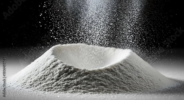 Fototapeta Abstract White Powder Mountain with Sparkling Particles on Dark Background, Conceptual Fine Granules Composition