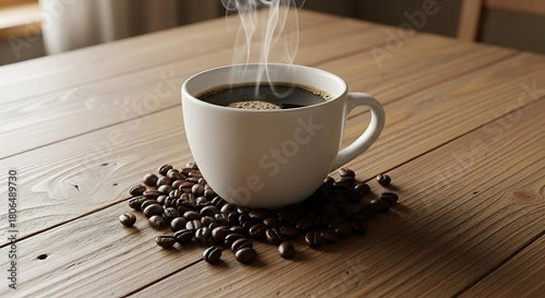 Fototapeta Aromatic Steaming Coffee in White Mug Surrounded by Dark Roasted Beans on Rustic Wooden Table.
