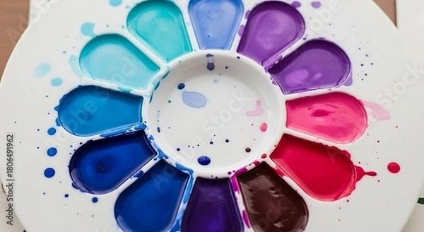 Fototapeta Colorful Watercolors Palette: Artistic Arrangement of Vivid Hues in a Circular Tray for Creative Art Projects and Design.