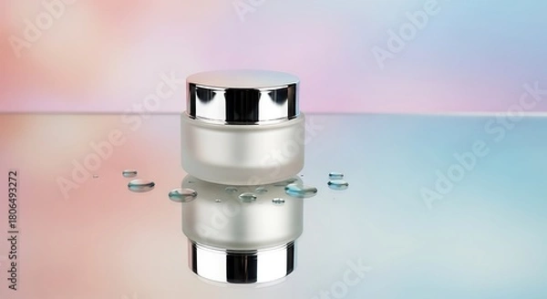 Fototapeta Elegant Cosmetic Jar with Water Droplets Reflecting Light on a Soft Gradient Background for Product Presentation.