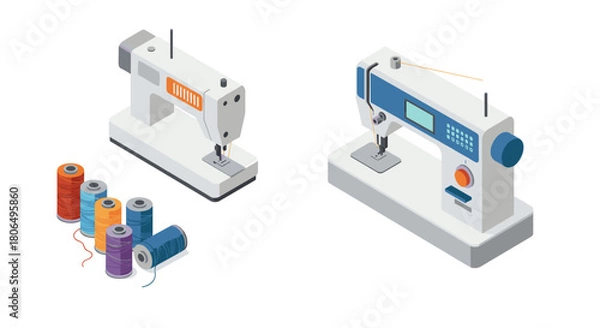 Obraz Modern sewing machines with colorful thread set in isometric view