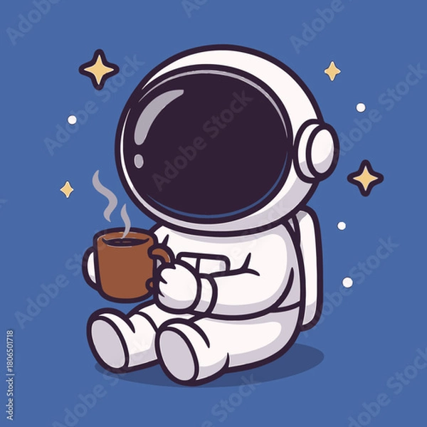 Fototapeta Charming flat vector logo illustration of an astronaut enjoying a warm cup of coffee in space, surrounded by twinkling stars