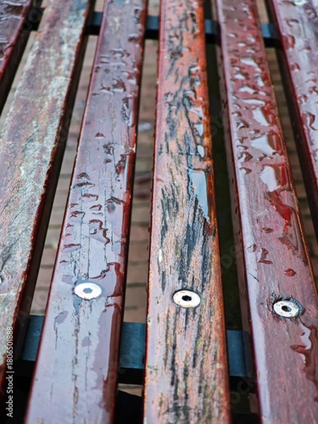 Obraz Rainwater collects on wooden bench slats in an outdoor park after a rainstorm