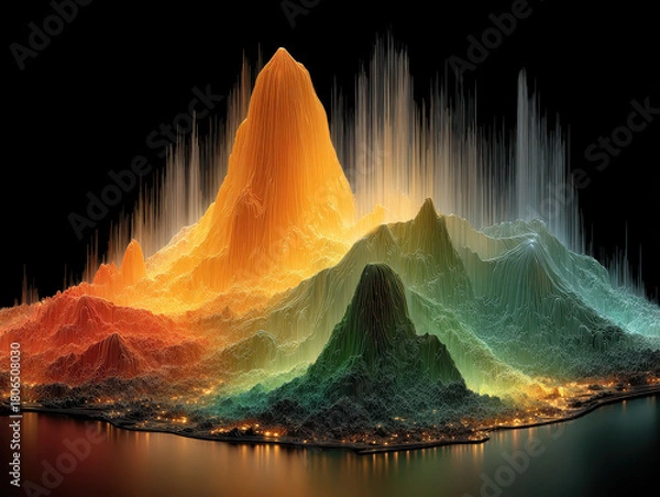 Obraz Colorful digital mountain landscape with vibrant glowing peaks and valleys emitting light and energy on a dark reflective surface, 3D abstract terrain visualization art
