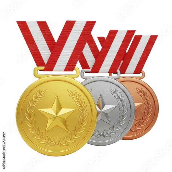 Fototapeta Three medals with a star and laurels on them. isolated illustration on  transparent background PNG