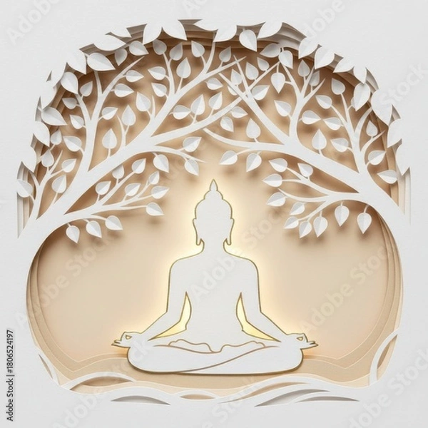 Fototapeta Elegant paper cut art of Buddha meditating under the sacred Bodhi Tree in white and gold.
