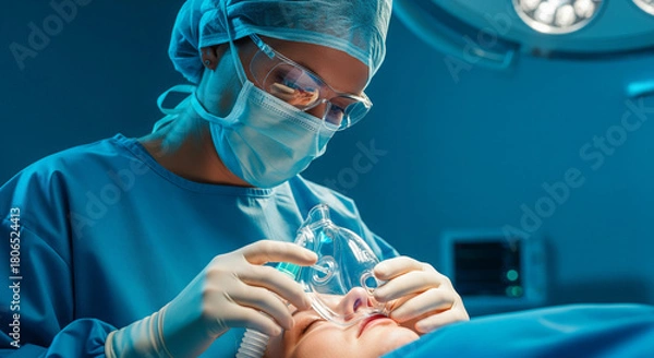 Fototapeta Professional Anesthesiologist Holding Oxygen Mask Over Patient Face in Operating Room
