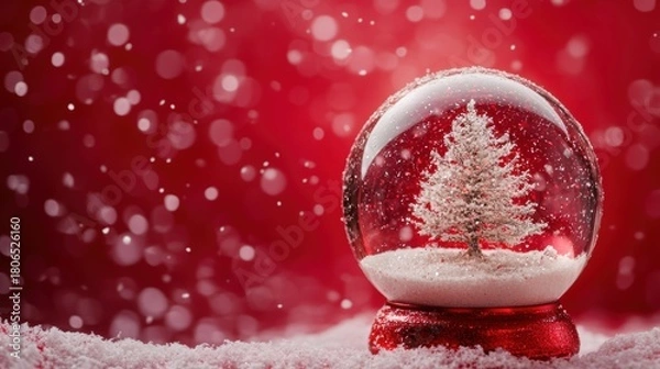 Obraz Christmas tree in Glass snow globe on red background, Christmas decorative design with white snowdrift,snowflakes,glow garland,3d decorative garland glow.Xmas Decorations,Vector illustration.