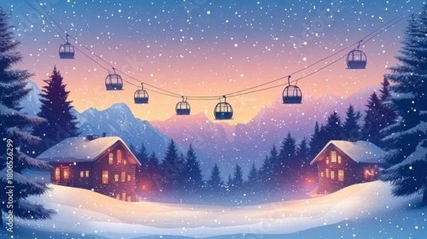 Obraz Colorful ski cabin lift for mountain skiers and snowboarders moves in the air on a cableway,ski resort with snowy hill,Skiing and snowboarding,Active vacation weekend,Winter holiday.