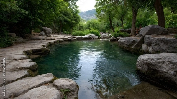 Fototapeta A serene natural spring with clear turquoise water surrounded by lush greenery and rocks