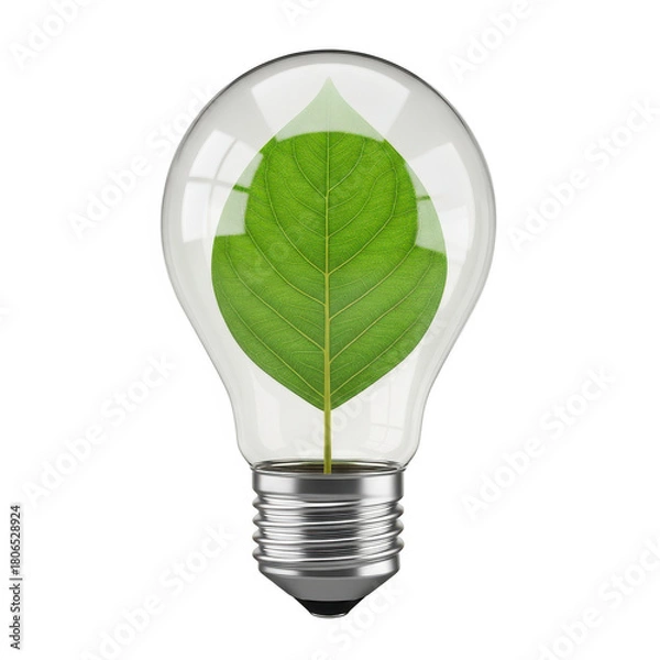 Fototapeta Light bulb with a leaf inside of it. isolated illustration on  transparent background PNG