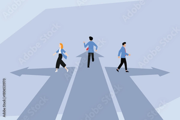 Obraz Career Choice and Decision Making, Business People Walking Different Paths at a Crossroads 2d flat vector illustration