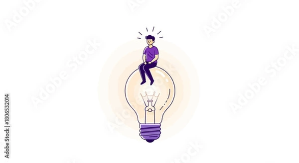 Obraz Innovation illustration displays a man seated atop an incandescent light bulb ready to inspire