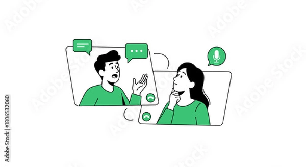 Fototapeta Online communication illustration portraying a man and woman engaging in a virtual conversation