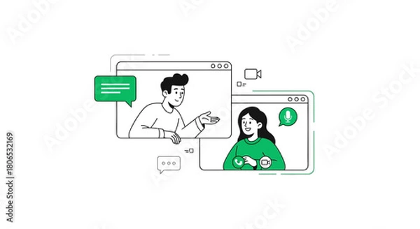 Fototapeta Virtual connection between man and woman displayed on separate web windows on screen