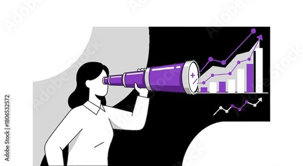 Fototapeta Woman using a telescope to look towards future growth and success in business analysis
