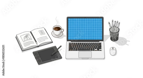 Fototapeta Modern designer's creative workspace featuring a laptop, drawing tablet, and coffee enhancing
