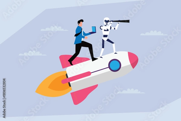 Fototapeta Business Innovation and AI Partnership, Man and Robot Flying on Rocket for Startup Growth and Future Vision 2d flat vector illustration