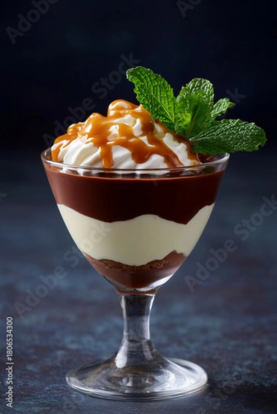 Fototapeta Layered chocolate parfait dessert with caramel and mint