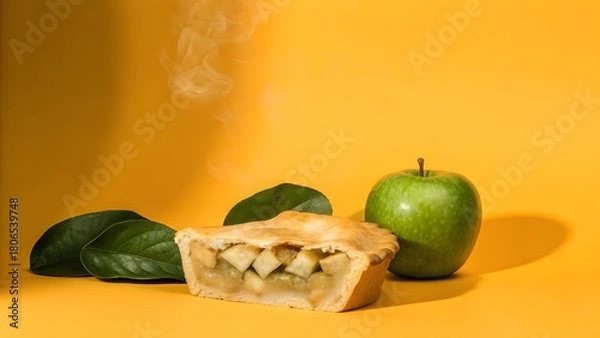 Fototapeta 
A studio-lit ultra-detailed apple pie with glossy cinnamon apples, rising steam, crisp buttery crust, warm golden tones, creating an inviting cozy realism.


