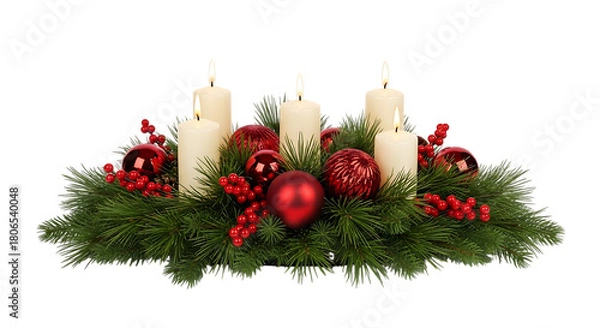 Fototapeta Festive christmas advent wreath with four lit candles and red ornaments isolated on transparent background