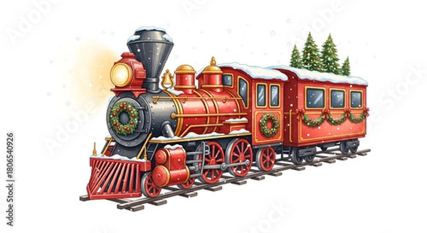 Fototapeta Classic red steam train locomotive with christmas garland in a winter landscape isolated on a white background