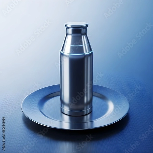 Fototapeta Metallic Bottle on Round Plate with Blue Reflections – Modern Futuristic Product Design