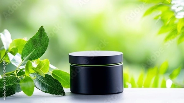 Obraz A black cosmetic jar with a thin green line around its lid is placed on a white surface next to a branch with vibrant green leaves.