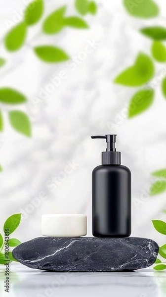 Obraz A black pump bottle and a white jar are displayed on a dark, striped stone, with blurred green leaves and a marble background.