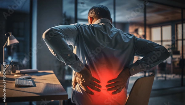 Fototapeta A man working in office, suffering from lower back pain, hands on muscle inflammation as he gets up from his desk, lumbar red warning highlight