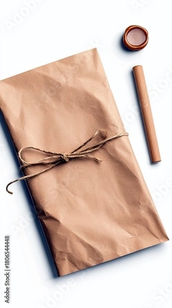 Obraz A brown paper package is tied with twine, accompanied by a wax seal stamp and a wooden stick, suggesting a vintage or artisanal delivery.