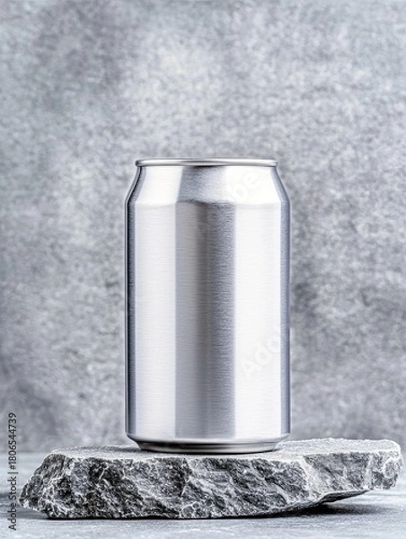 Obraz A plain, brushed aluminum soda can sits centered on a rough, gray stone slab, with a textured gray backdrop.