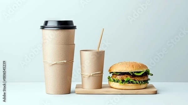 Obraz A close-up shot of a burger and disposable cups with a straw, arranged on a wooden board against a light blue background.