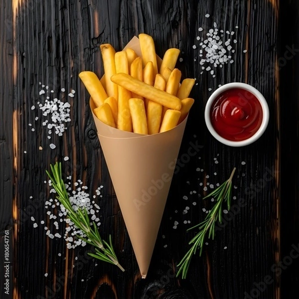 Fototapeta Crispy French Fries in Craft Paper Cone with Ketchup on Wooden Table – Fast Food Snack Concept