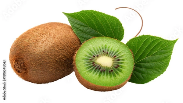 Fototapeta Juicy kiwi fruit composition presenting a half sliced kiwi with fresh green leaves, perfect for healthy eating and vibrant food concepts