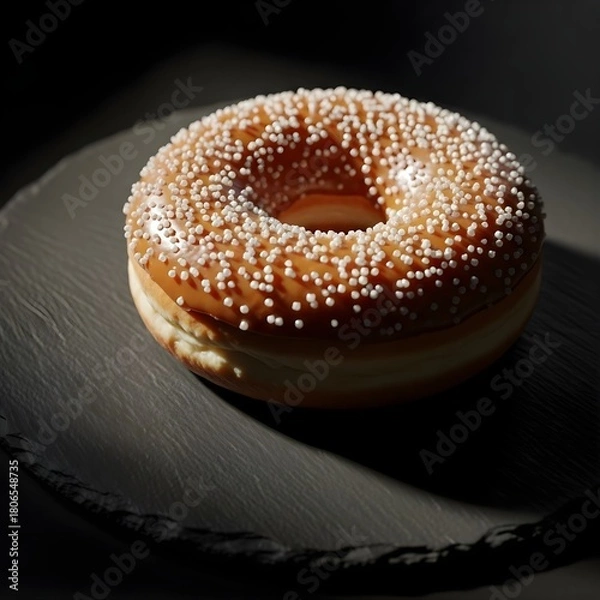 Obraz Caramel Glazed Donut with White Sprinkles on Dark Background – Delicious Sweet Dessert Food
