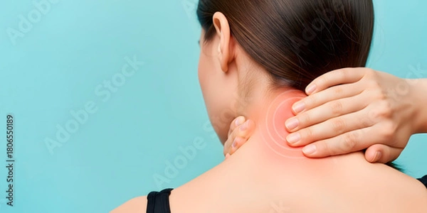 Obraz Woman massage her painful neck due to muscle tension or injury, providing relief for discomfort and stress. Concept of self care and wellness. Copy space background