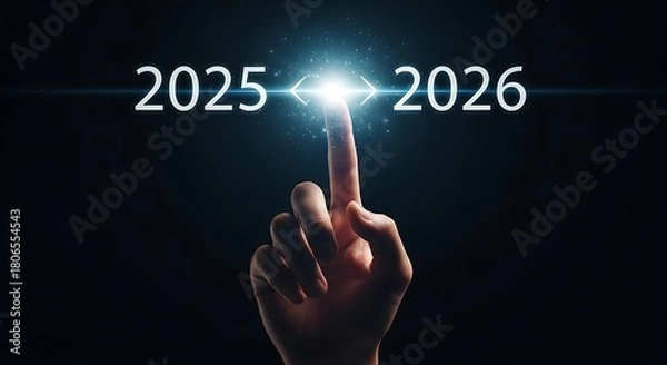 Fototapeta Finger points to the future from 2025 to 2026 with bright light