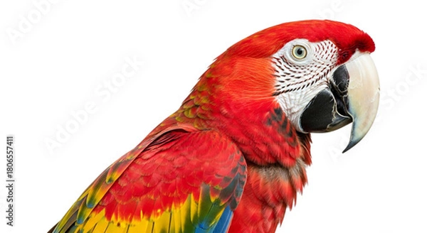 Fototapeta Scarlet macaw parrot portrait beautiful bird tropical wildlife exotic pet avian colorful feathers beak nature isolated on transparent background