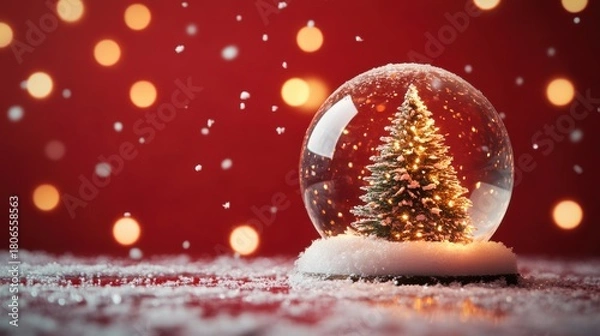 Fototapeta Christmas tree in Glass snow globe on red background, Christmas decorative design with white snowdrift,snowflakes,glow garland,3d decorative garland glow.Xmas Decorations,Vector illustration.
