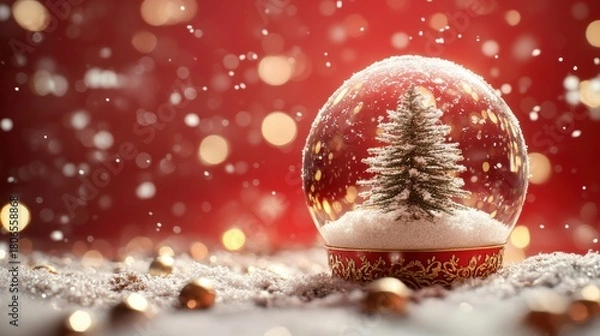 Fototapeta Christmas tree in Glass snow globe on red background, Christmas decorative design with white snowdrift,snowflakes,glow garland,3d decorative garland glow.Xmas Decorations,Vector illustration.