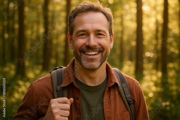 Obraz Happy man with backpack smiling in forest, enjoying nature and activities. Perfect for travel and healthy lifestyle themes. Portrait of male traveler. Eco-tourism, hiking, outdoor adventure concepts