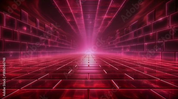 Fototapeta Futuristic Red Neon Corridor with Glowing Light Effect and Digit