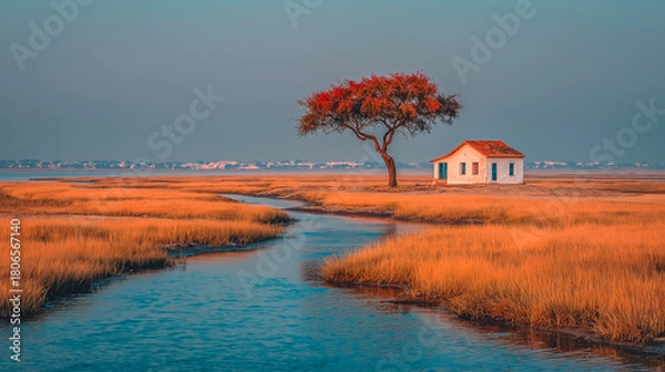 Obraz Serene Autumn Landscape with Rustic Cabin and Vibrant Tree by Tr