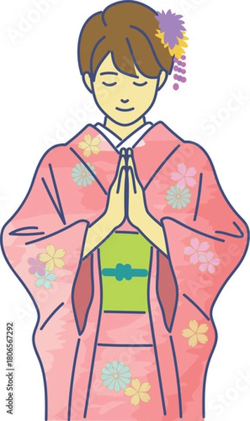 Fototapeta 振り袖姿でお参りする女性　eps