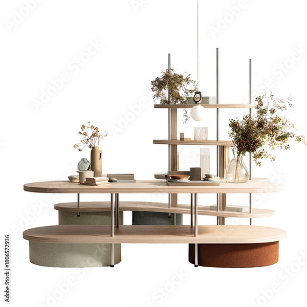 Fototapeta Asymmetric shelving unit with plants and decor objects