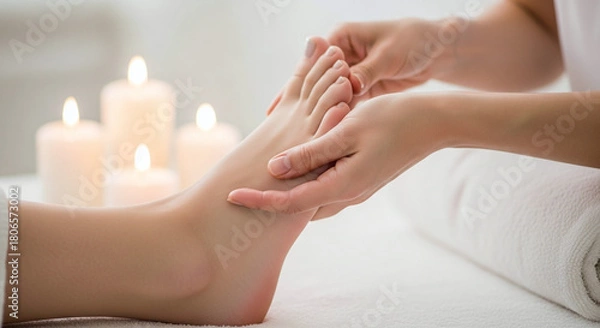 Fototapeta Close up of a foot massage with candles in the background